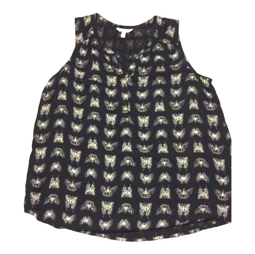 Y2K Whimsical Butterfly Henley rayon tank top Navy/white summer fun size Medium